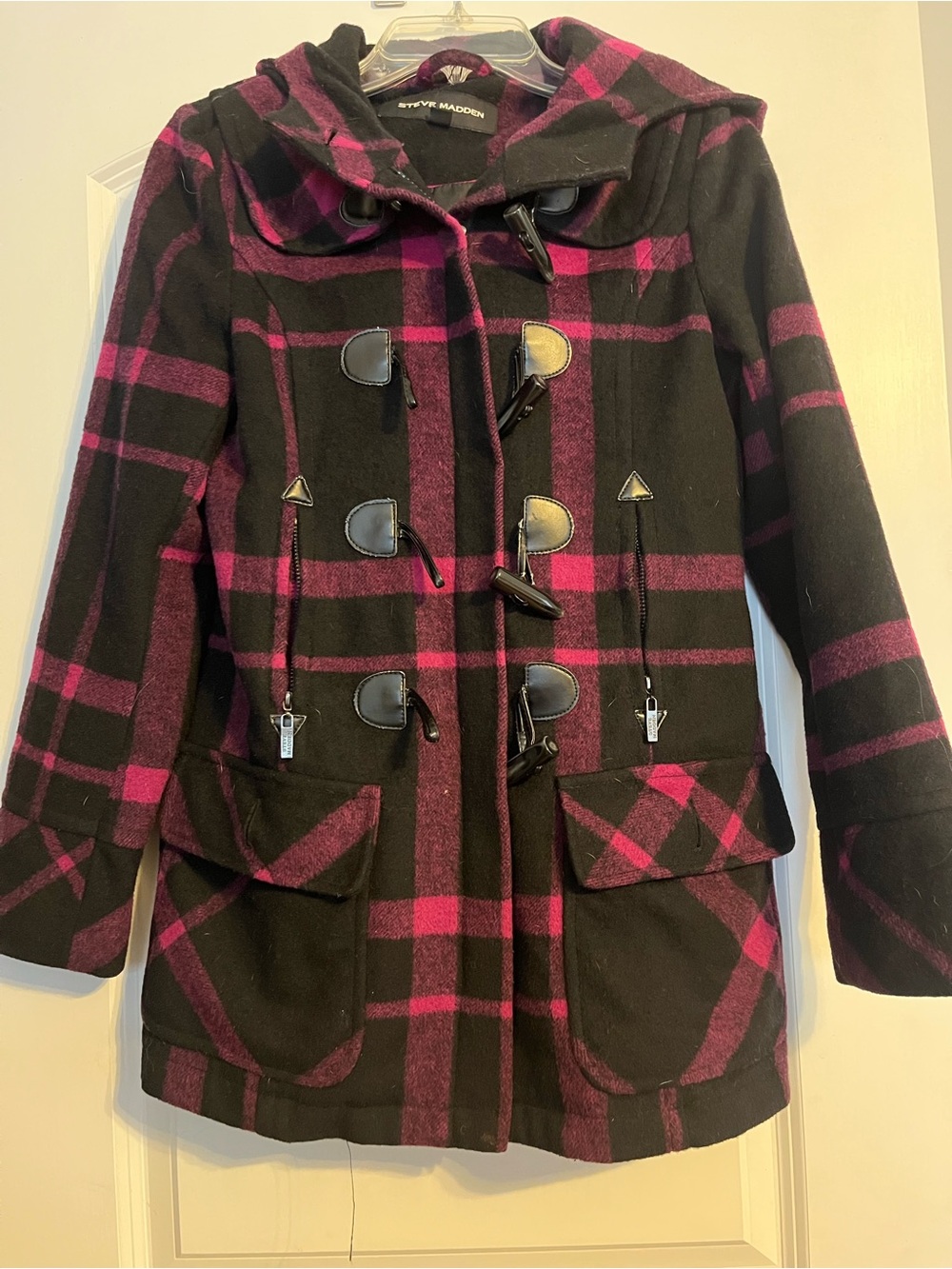 Steve Madden Black and Pink Plaid Hooded Toggle Coat size small